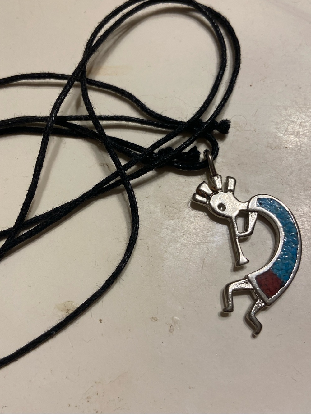 Kokopelli-Inspired Sterling Pendant Necklace in Turquoise & Red adjustable cord
